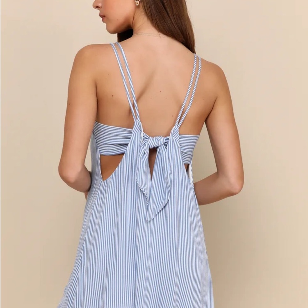 Lulu's Blue Striped Tie Back Mini Swing dress- NWT